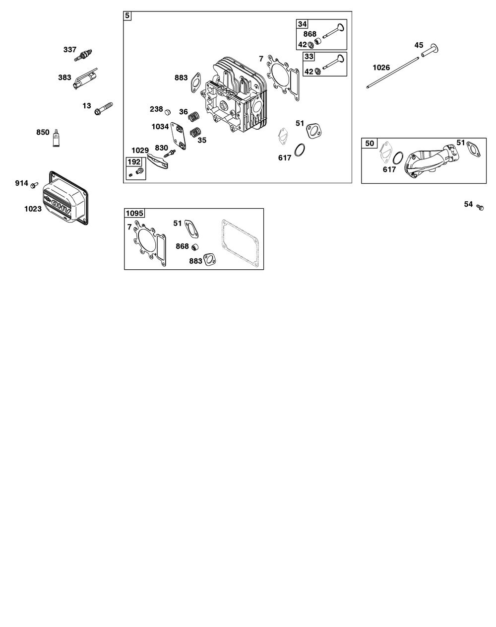 Cylinder Head Group Diagram and Parts List for 33R877-0015-B5 200000 - 399999 Briggs and Stratton Engine